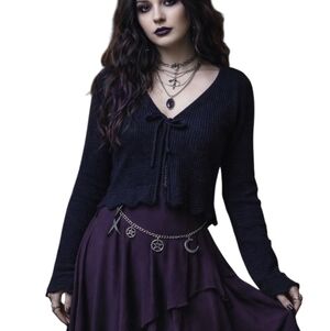 Crochet tie scalloped Whimsigoth festival black cardigan sweater Size Medium